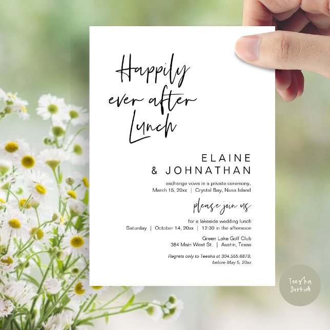 Invitación Afortunadamente Después De Brunch, Boda Elopement (Happily Ever After Lunch, Modern Wedding Elopement Party Invitation Card, PDF, in Black and White)
