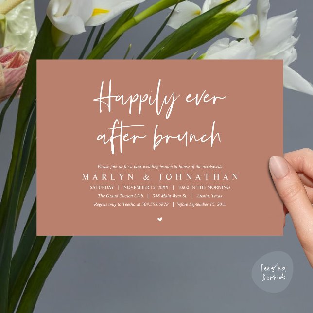 Invitación Afortunadamente Después De Brunch, Boda Elopement (Happily Ever After Brunch, Modern Romantic Post Wedding Invitation Card, PDF, Earthy Brown)