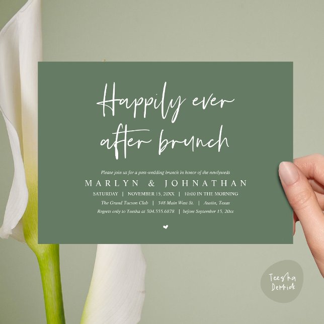 Invitación Afortunadamente Después De Brunch, Boda Elopement (Happily Ever After Brunch, Modern Romantic Post Wedding Invitation Card, PDF, Greenery sage green)