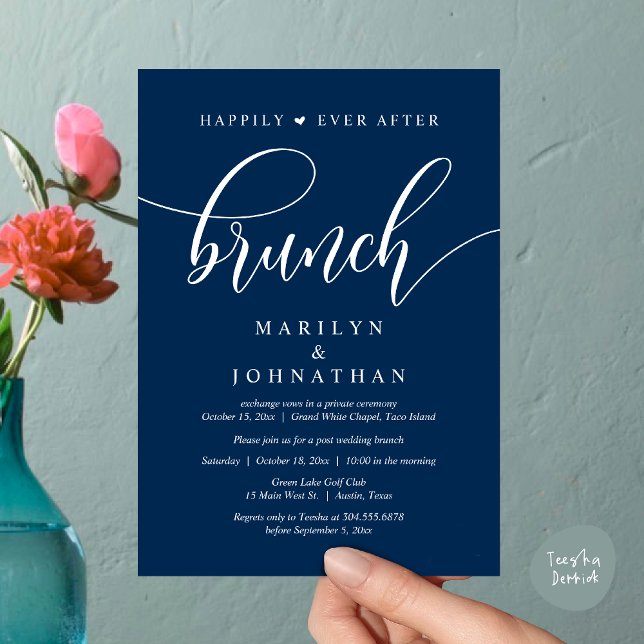 Invitación Afortunadamente Después De Brunch, Post Boda (Happily Ever After Lunch, Wedding Party Invitation Card PDF Modern Beautiful Navy Blue)