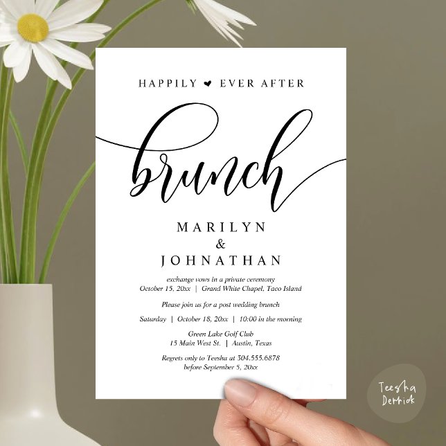 Invitación Afortunadamente Después De Brunch, Post Boda (Happily Ever After Lunch, Wedding Party Invitation Card PDF Modern Beautiful White Black)