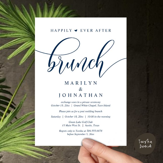 Invitación Afortunadamente Después De Brunch, Post Boda (Happily Ever After Lunch, Wedding Party Invitation Card PDF Modern Beautiful Navy Blue)