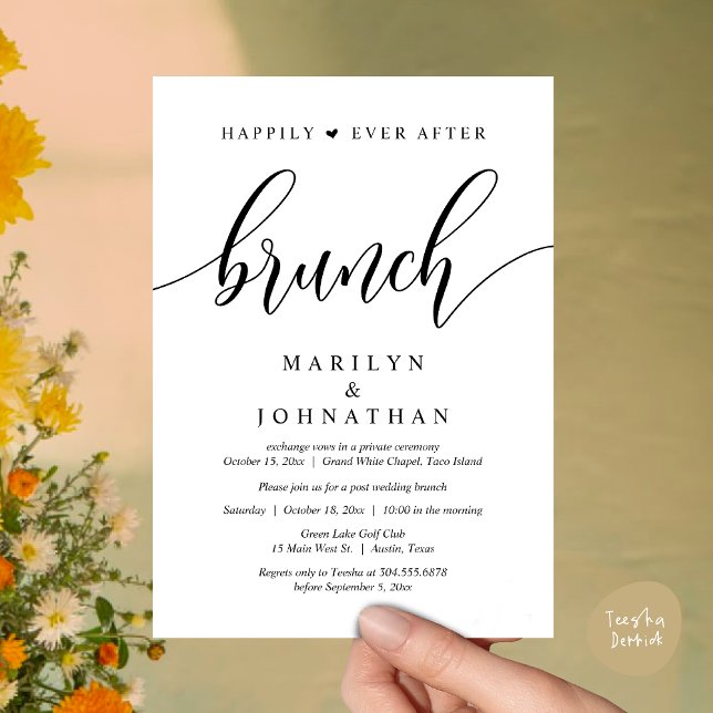Invitación Afortunadamente Después De Brunch, Post Boda (Happily Ever After Lunch, Wedding Party Invitation Card PDF Modern Beautiful White Black)