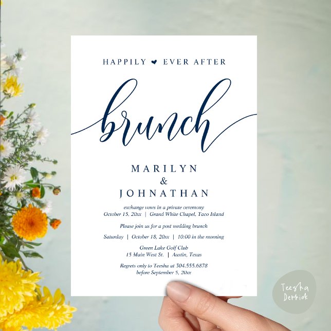 Invitación Afortunadamente Después De Brunch, Post Boda (Happily Ever After Lunch, Wedding Party Invitation Card PDF Modern Beautiful Navy Blue)