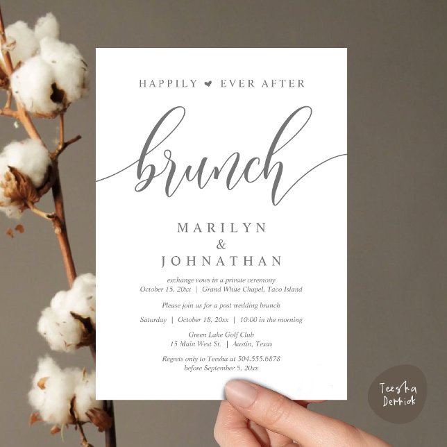 Invitación Afortunadamente Después De Brunch, Post Boda (Happily Ever After Brunch, Wedding Party Invitation Card PDF Modern Beautiful Dark Grey)