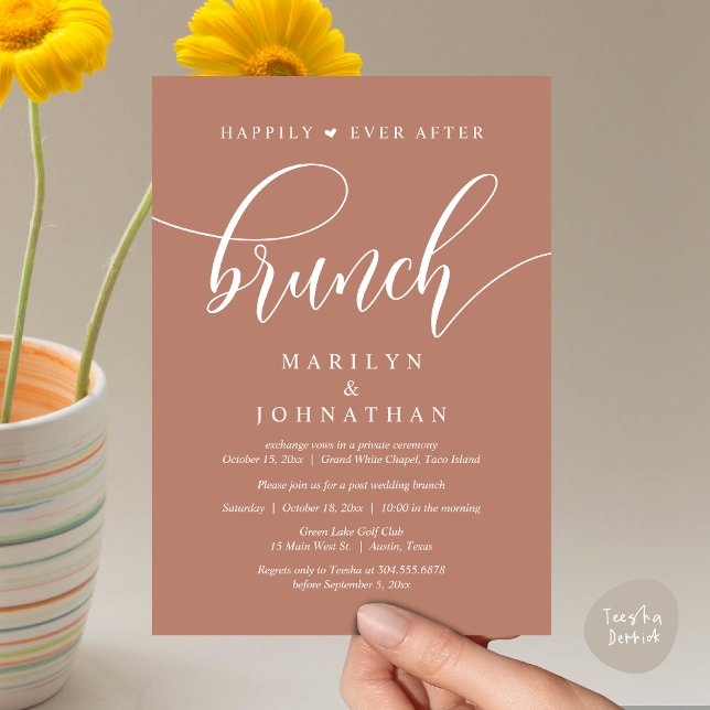 Invitación Afortunadamente Después De Brunch, Post Boda (Happily Ever After Brunch, Wedding Party Invitation Card PDF Modern Beautiful Terracotta Earthy)