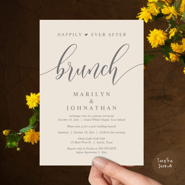 Invitación Afortunadamente Después De Brunch, Post Boda (Happily Ever After Brunch, Wedding Party Invitation Card PDF Modern Beautiful Cream Grey)
