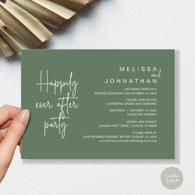 Invitación Afortunadamente Después De Cenar, Boda Elopement (Happily Ever After Party, Modern Wedding Elopement Dinner Invitation Card, PDF, in Sage Green)