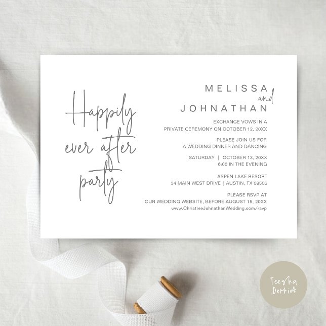 Invitación Afortunadamente Después De Cenar, Boda Elopement (Happily Ever After Party, Modern Wedding Elopement Dinner Invitation Card, PDF, in Dark Grey)