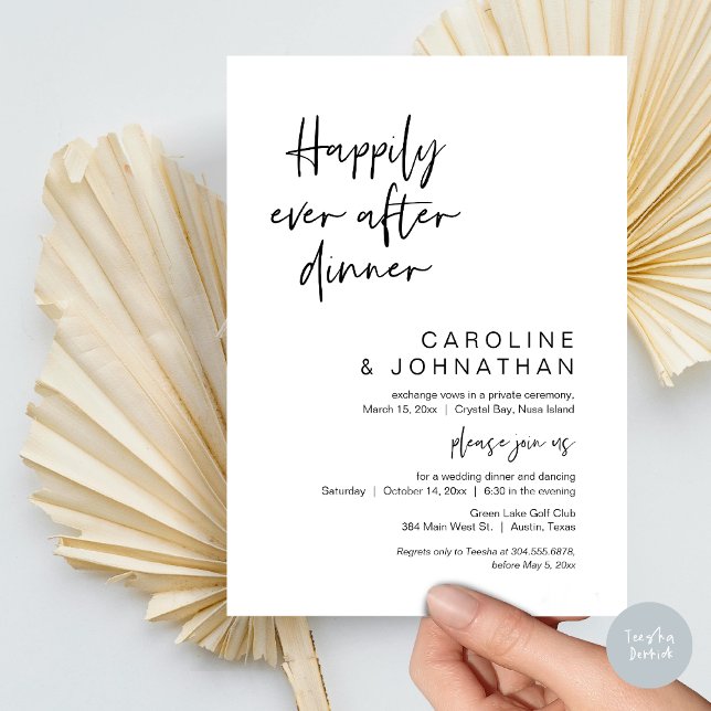 Invitación Afortunadamente Después De Cenar, Boda Elopement (Happily Ever After Dinner, Modern Wedding Elopement Party Invitation Card, PDF, in Black and White)