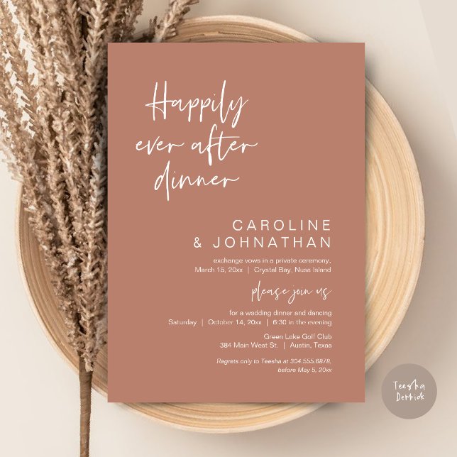 Invitación Afortunadamente Después De Cenar, Elopement, Terra (Happily Ever After Dinner, Modern Wedding Elopement, Invitation Card, PDF, in Terracotta Brown)
