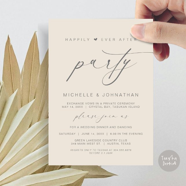 Invitación Afortunadamente Después De Cenar Fiesta, Boda Elop (Happily Ever After Party, Wedding Elopement Dinner Brunch Invitation Card, PDF, Cream Grey)