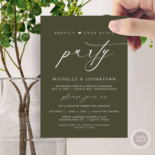 Invitación Afortunadamente Después De Cenar Fiesta, Boda Elop (Happily Ever After Party, Wedding Elopement Dinner Brunch Invitation Card, PDF, Olive Green)