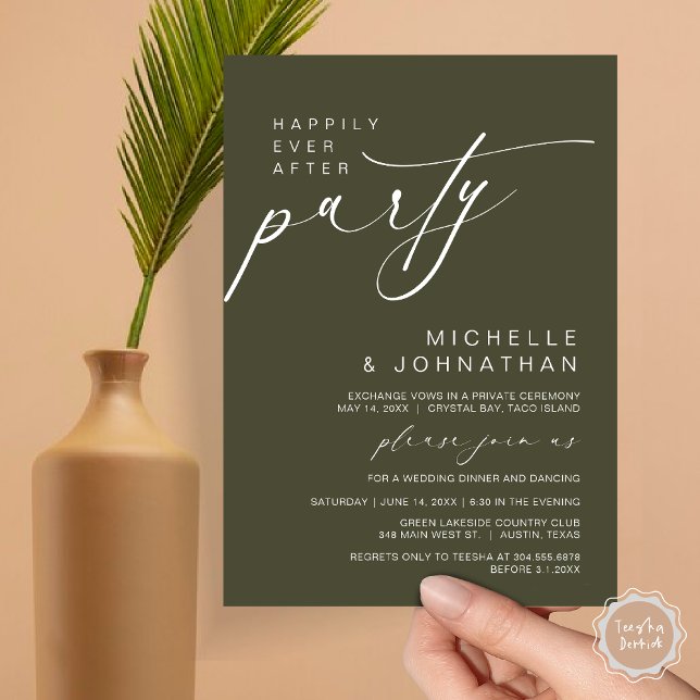 Invitación Afortunadamente Después De Cenar Fiesta, Boda Elop (Happily Ever After Party, Wedding Elopement Dinner Brunch Invitation Card, PDF, Olive Green)