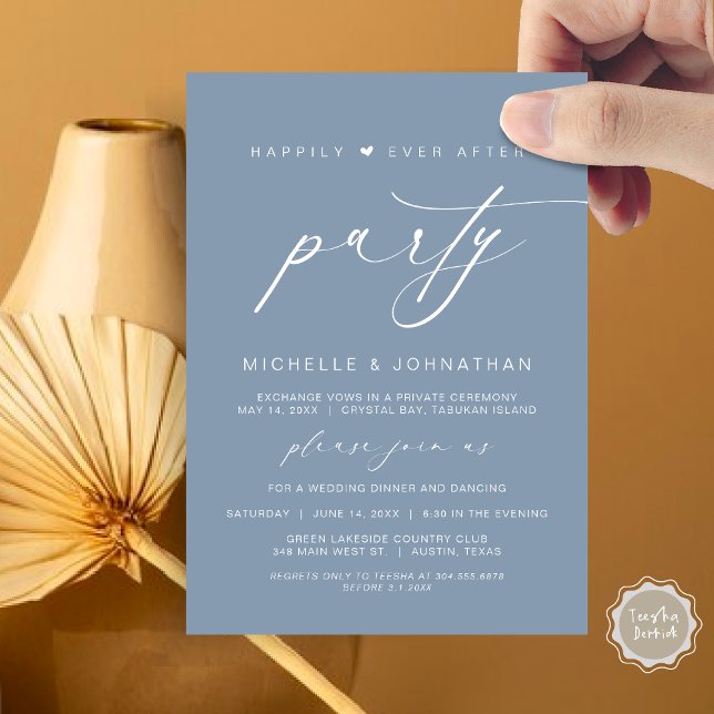 Invitación Afortunadamente Después De Cenar Fiesta, Boda Elop (Happily Ever After Party, Wedding Elopement Dinner Brunch Invitation Card, PDF, Dusty Blue)