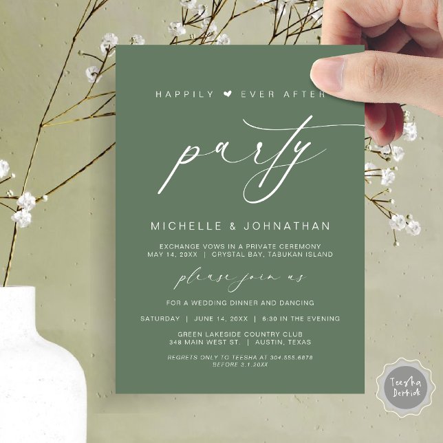 Invitación Afortunadamente Después De Cenar Fiesta, Boda Elop (Happily Ever After Party, Wedding Elopement Dinner Brunch Invitation Card, PDF, Forest Sage Green)