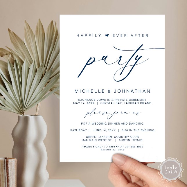 Invitación Afortunadamente Después De Cenar Fiesta, Boda Elop (Happily Ever After Party, Wedding Elopement Dinner Brunch Invitation Card, PDF, Navy Blue)