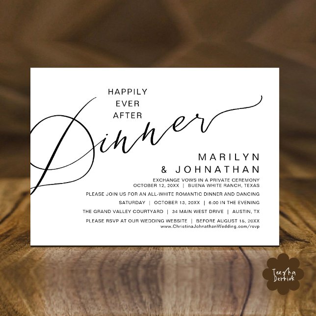 Invitación Afortunadamente después de cenar, fiesta de boda m (Happily Ever After Romantic Wedding Dinner Party Invitation Card Modern Boho PDF Classy Black White)