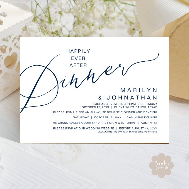 Invitación Afortunadamente después de cenar, fiesta de boda m (Happily ever after Romantic Wedding Dinner Party Invitation Card Modern Boho PDF Classy Navy Blue)