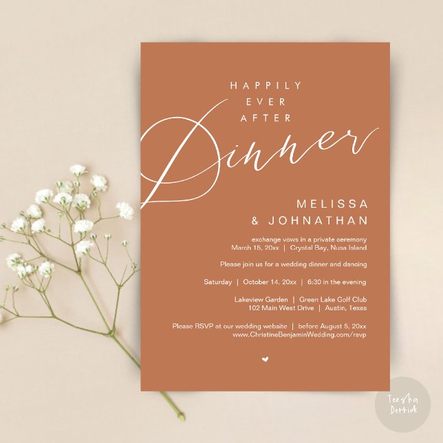 Invitación Afortunadamente Después De Cenar, Fiesta De Bodas, (Happily Ever After Dinner Invitation Card, PDF, Modern Romantic Wedding Elopement , in Copper Rust)