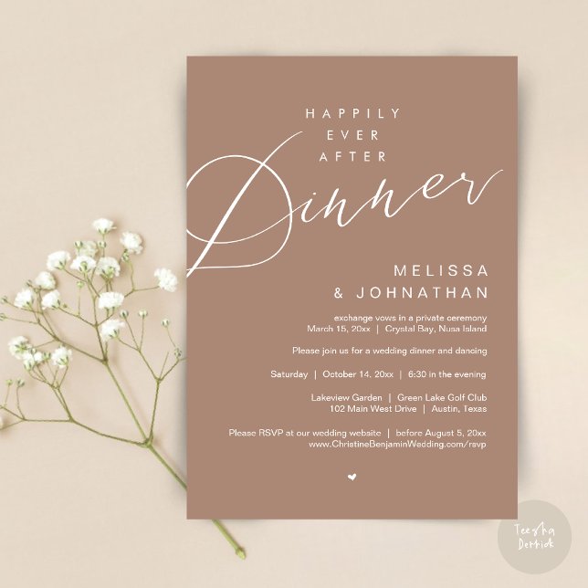 Invitación Afortunadamente Después De Cenar, Fiesta De Bodas, (Happily Ever After Dinner Invitation Card, PDF, Modern Romantic Wedding Elopement , in Warm Taupe)