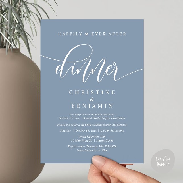 Invitación Afortunadamente después de cenar, fiesta de bodas  (Happily Ever After Dinner, Wedding Party Dancing Invitation Card PDF Modern Rustic Dusty Blue)