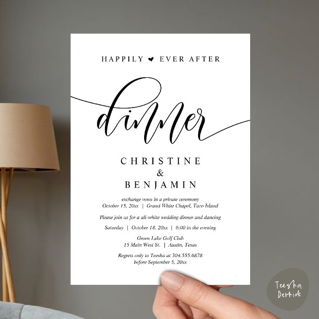 Invitación Afortunadamente después de cenar, fiesta de bodas  (Happily Ever After Dinner, Wedding Party Dancing Invitation Card PDF Modern Romantic Black White)