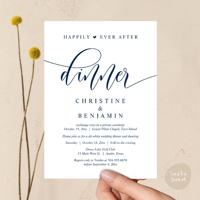 Invitación Afortunadamente después de cenar, fiesta de bodas  (Happily Ever After Dinner, Wedding Party Dancing Invitation Card PDF Modern Romantic Navy Blue)