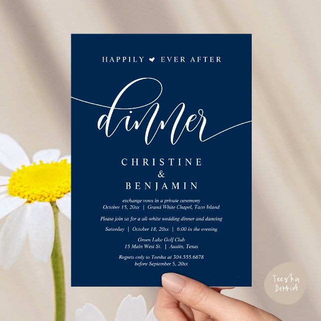 Invitación Afortunadamente después de cenar, fiesta de bodas  (Happily Ever After Dinner, Wedding Party Dancing Invitation Card PDF Modern Romantic Navy Blue)