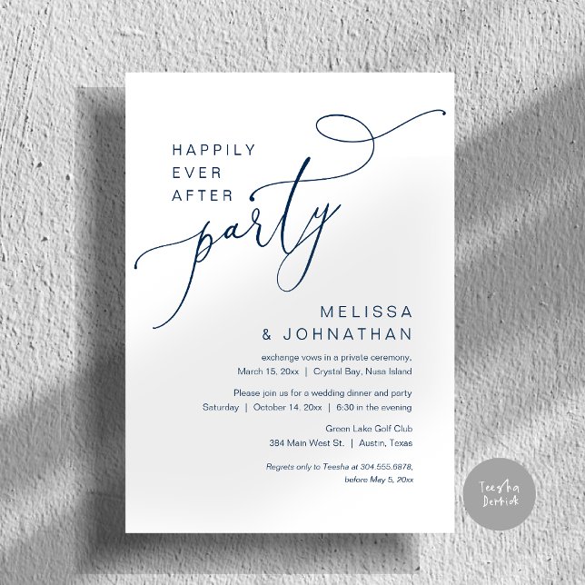 Invitación Afortunadamente Después De Fiesta, Cena Boda, Arma (Happily Ever After Party, Romantic Wedding Dinner and Dancing Invitation Card, PDF, in Navy Blue)