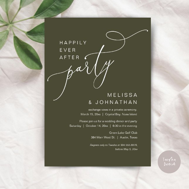 Invitación Afortunadamente Después De Fiesta, Cena Boda, Oliv (Happily Ever After Party, Romantic Wedding Dinner and Dancing Invitation Card, PDF, in Olive Green)