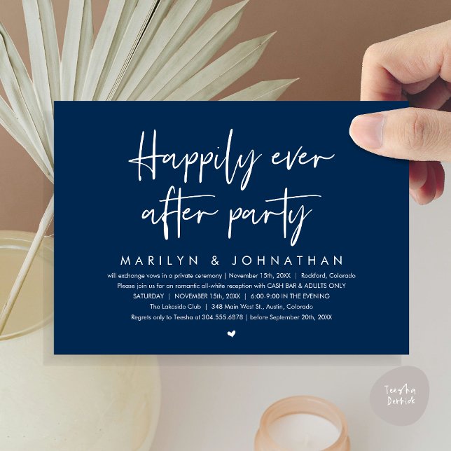 Invitación Afortunadamente Después De Fiesta, Recepción De Bo (Happily Ever After Party, Modern Wedding Reception Invitation Card, PDF, Cash Bar in Navy Blue)