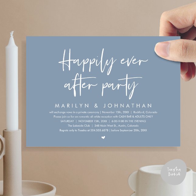 Invitación Afortunadamente Después De Fiesta, Recepción De Bo (Happily Ever After Party, Modern Wedding Reception Invitation Card, PDF, Cash Bar in Dusty Blue)