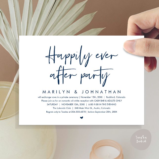 Invitación Afortunadamente Después De Fiesta, Recepción De Bo (Happily Ever After Party, Modern Wedding Reception Invitation Card, PDF, Cash Bar in Navy Blue)