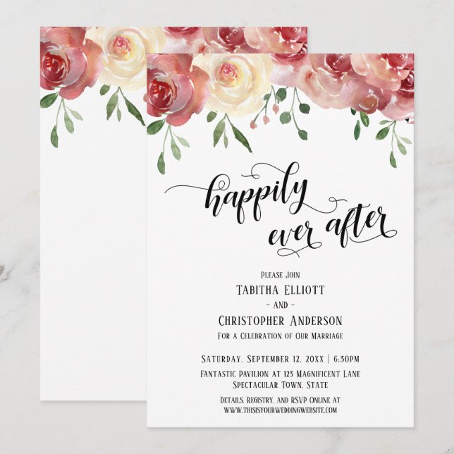 Invitación Afortunadamente después de guión, Borgoña, Rosas d (Anverso / Reverso)