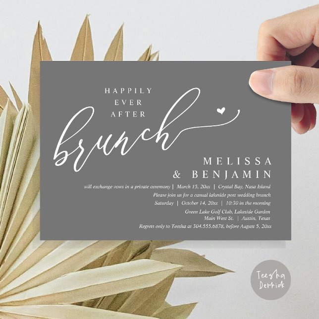 Invitación Afortunadamente después de la boda de Brunch (Happily Ever After Brunch, Modern Romantic Heart Wedding Elopement Card, PDF, in Dark Grey)
