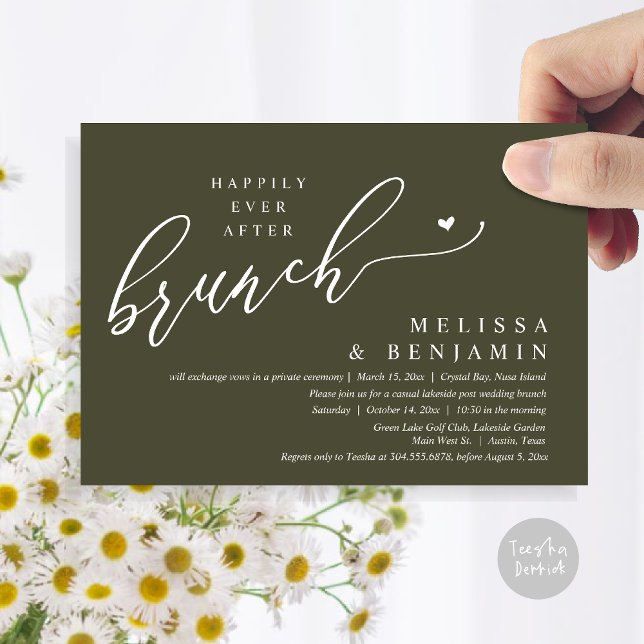 Invitación Afortunadamente después de la boda de Brunch (Happily Ever After Brunch, Modern Romantic Heart Wedding Elopement Card, PDF, in Olive Green)