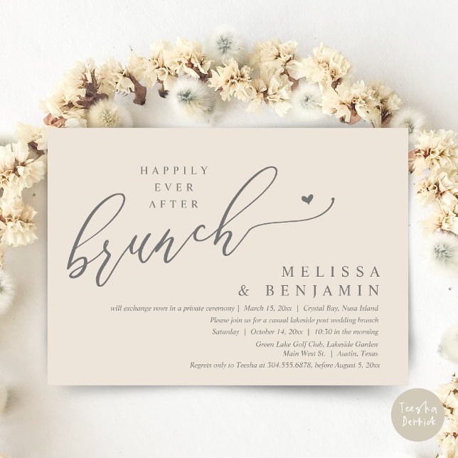 Invitación Afortunadamente después de la boda de Brunch (Happily Ever After Brunch, Modern Romantic Heart Wedding Elopement Card, PDF, in Cream Dark Grey)