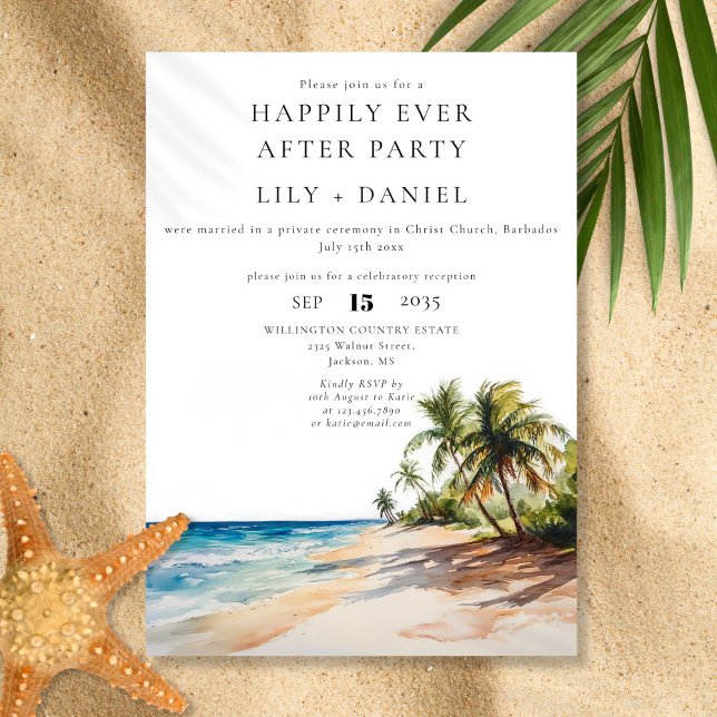 Invitación Afortunadamente después de la boda tropical en la  (Happily Ever After Tropical Beach Wedding Invitation)