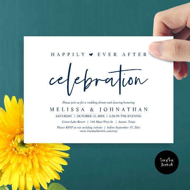 Invitación Afortunadamente, después de la celebración, Boda d (Happily Ever After Celebration, Wedding Dinner Invitation Card, PDF, Modern Script, in Navy Blue)