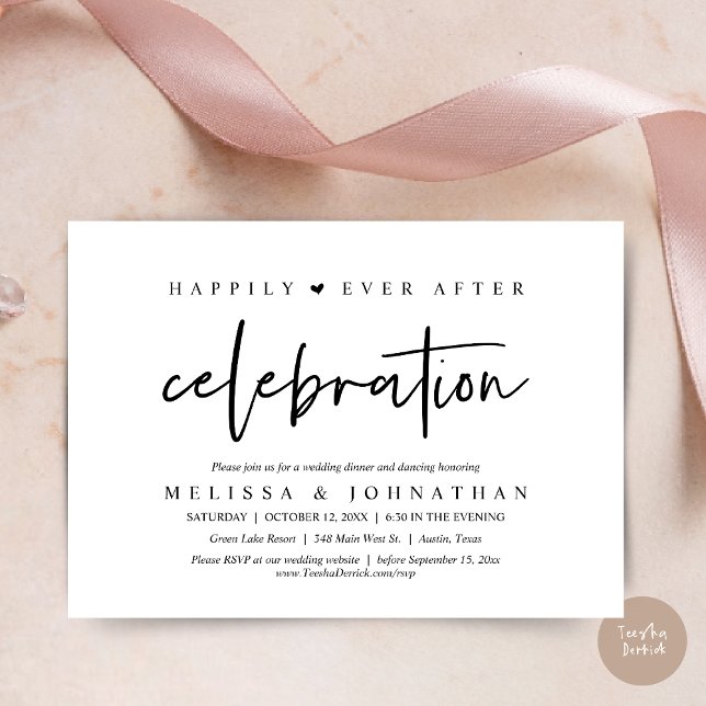Invitación Afortunadamente, después de la celebración, Boda d (Happily Ever After Celebration, Wedding Dinner Invitation Card, PDF, Modern Script, in Black White)