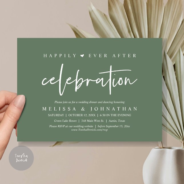 Invitación Afortunadamente, después de la celebración, Boda d (Happily Ever After Celebration, Wedding Dinner Invitation Card, PDF, Modern Script, in Sage Green)