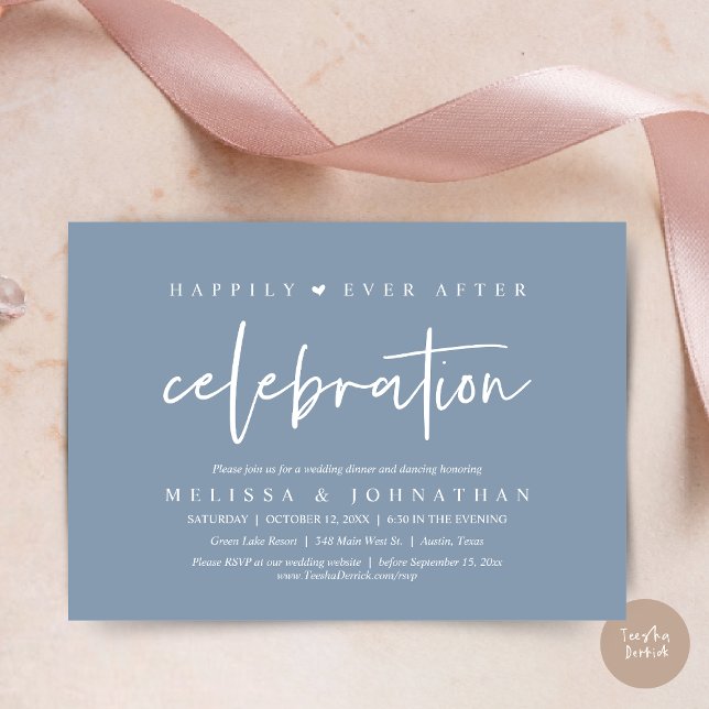Invitación Afortunadamente, después de la celebración, Boda d (Happily Ever After Celebration, Wedding Dinner Invitation Card, PDF, Modern Script, in Dusty Blue)