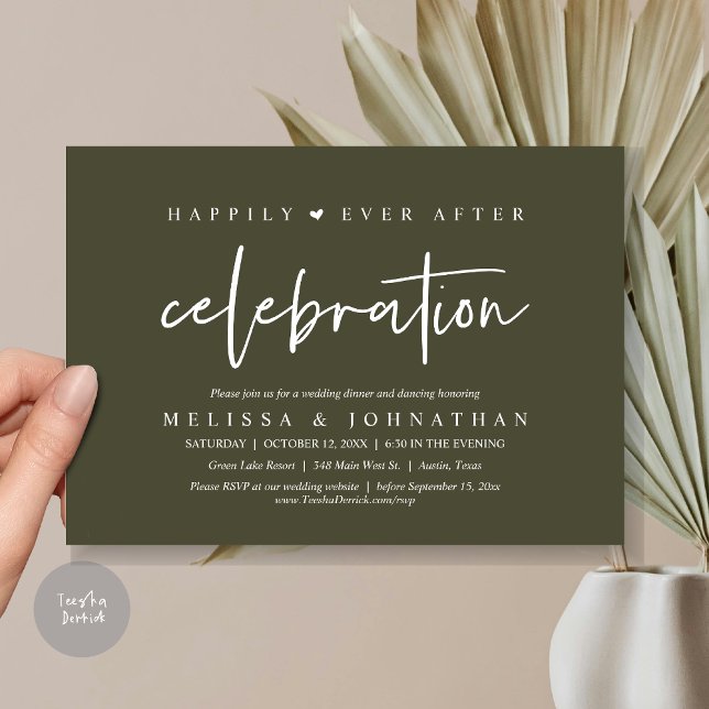 Invitación Afortunadamente, después de la celebración, Boda d (Happily Ever After Celebration, Wedding Dinner Invitation Card, PDF, Modern Script, in Olive Green)