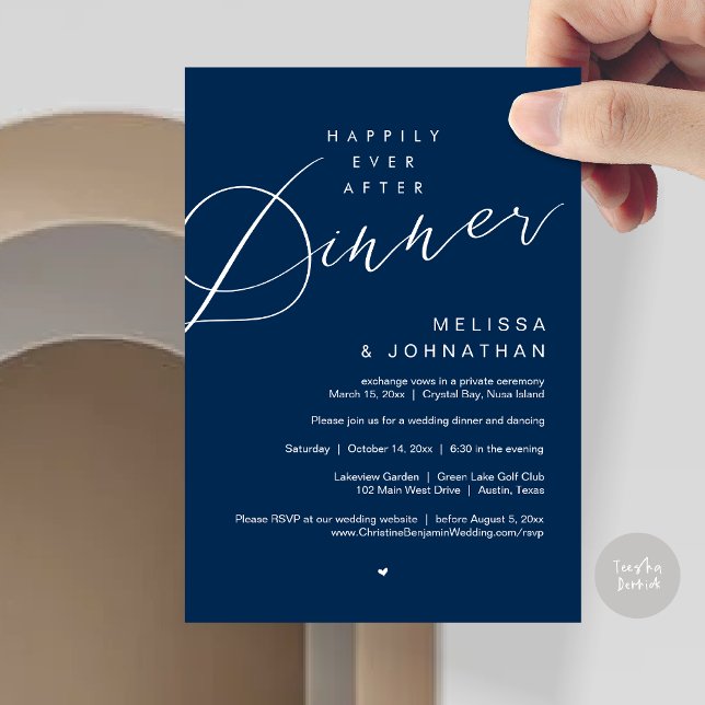 Invitación Afortunadamente después de la cena, azul de la mar (Happily Ever After Dinner Invitation Card, PDF, Modern Romantic Wedding Elopement , in Navy Blue)