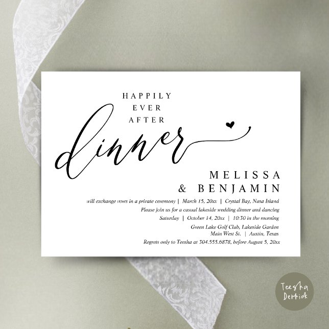 Invitación Afortunadamente después de la cena Boda Heart (Happily Ever After Dinner Invitation Card, PDF, Romantic Wedding Elopement, Lovely Heart, Black)