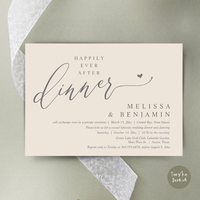 Invitación Afortunadamente después de la cena Boda Heart (Happily Ever After Dinner Invitation Card, PDF, Romantic Wedding Elopement, Lovely Heart, Cream Grey)