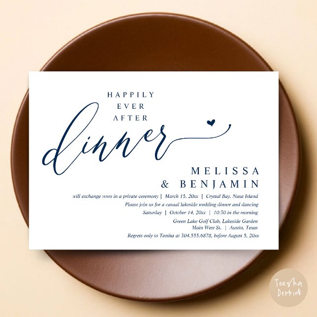 Invitación Afortunadamente después de la cena Boda Heart (Happily Ever After Dinner Invitation Card, PDF, Romantic Wedding Elopement, Lovely Heart, Navy Blue)