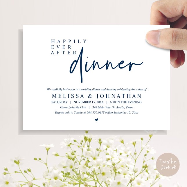 Invitación Afortunadamente después de la cena Boda y el baile (Happily Ever After Party, Modern Wedding Dinner Dancing Party Invitation Card, PDF, Navy Blue)