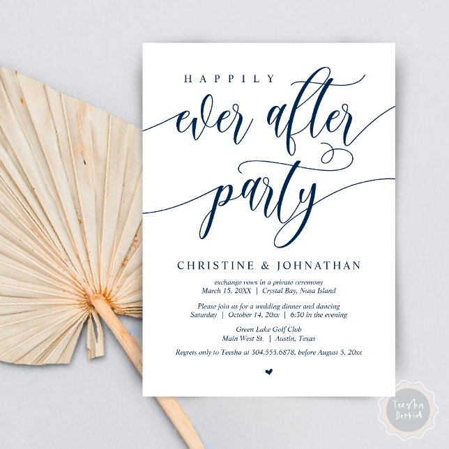 Invitación Afortunadamente Después De La Cena De Fiesta, Boda (Happily Ever After Party, Wedding Elopement Dinner Invitation Card, PDF, in Navy Blue)